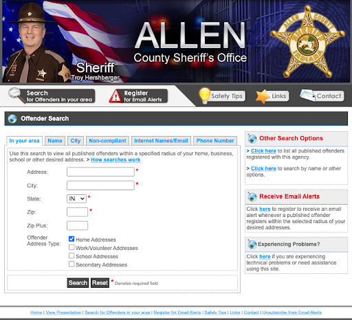 The Allen County Sherrif's office website will tell you of any registered sex offenders in your area.